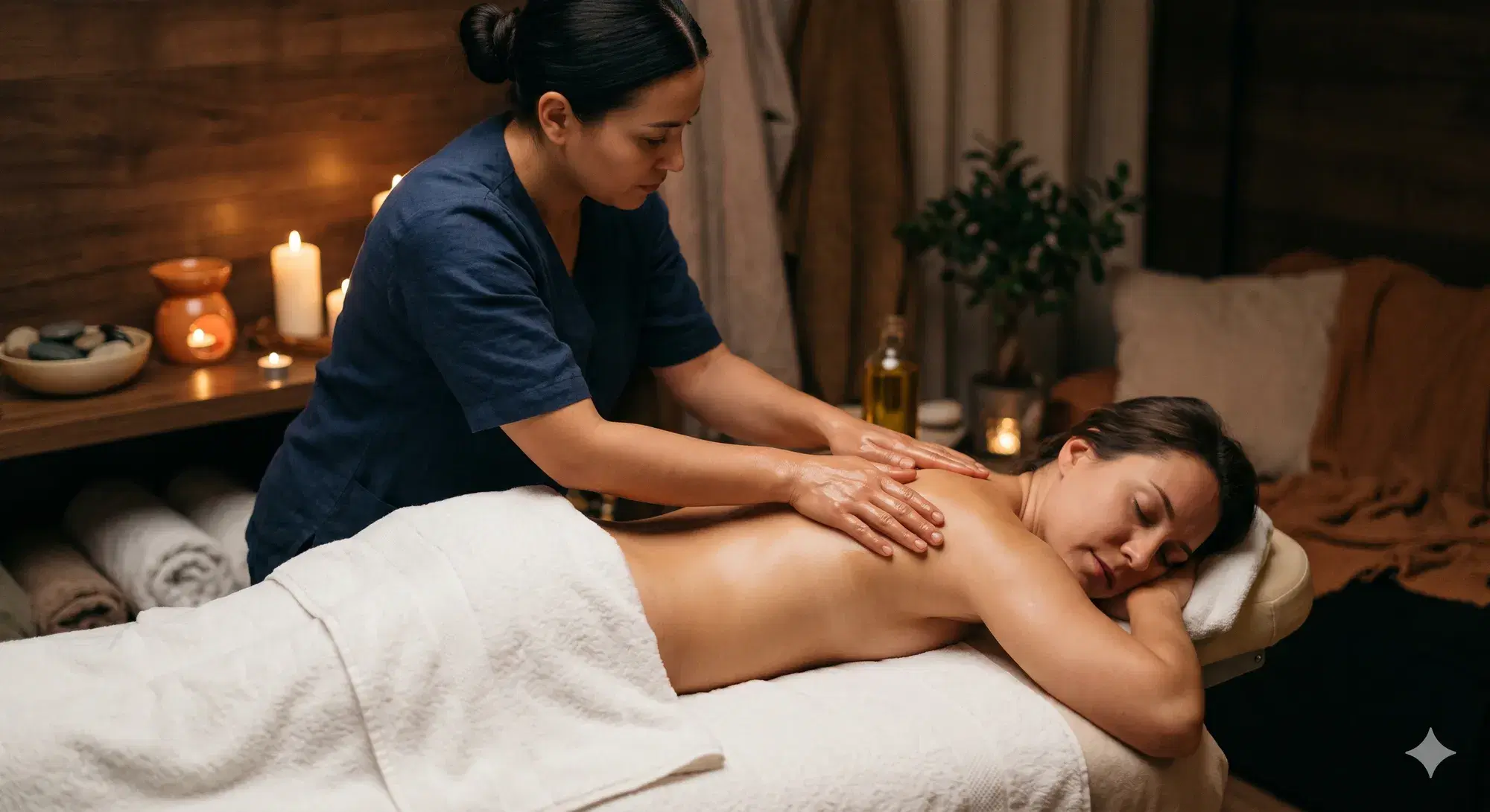 A massage table prepared in a calm, light-filled room